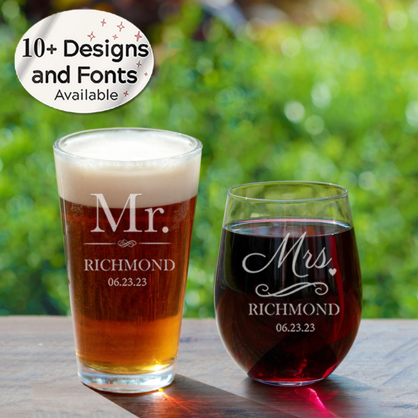 Pint and Wine Glass Bride and Groom Glasses Set of 2